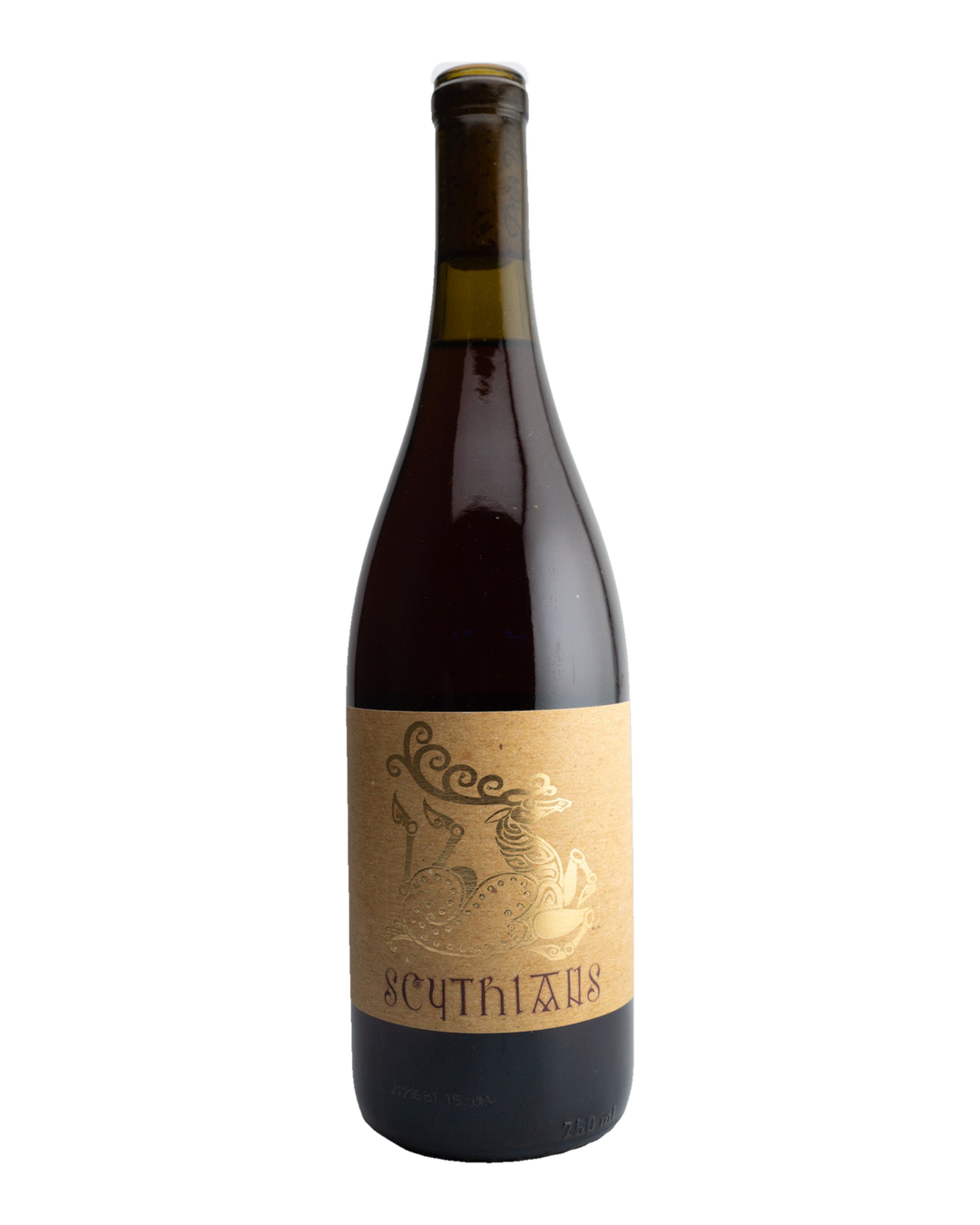A bottle of 2021 Scythians Red Blend wine with a label that has an engraving of a person and text, indicating it is from Cucamonga Valley, California.