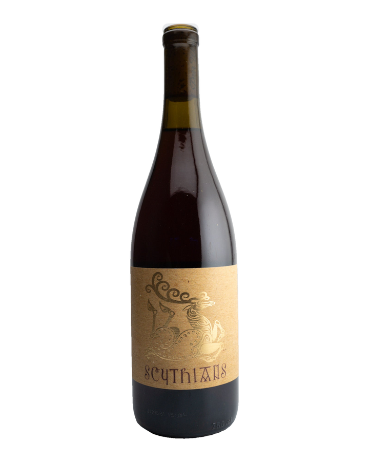 A bottle of 2021 Scythians Red Blend wine with a label that has an engraving of a person and text, indicating it is from Cucamonga Valley, California.