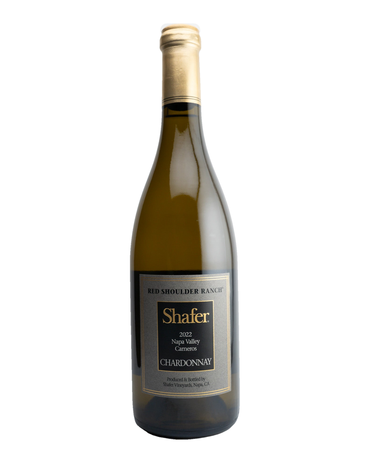 A bottle of 2021 Shafer Vineyards Chardonnay wine from Red Shoulder Ranch, Napa Valley, with a white label and gold text.