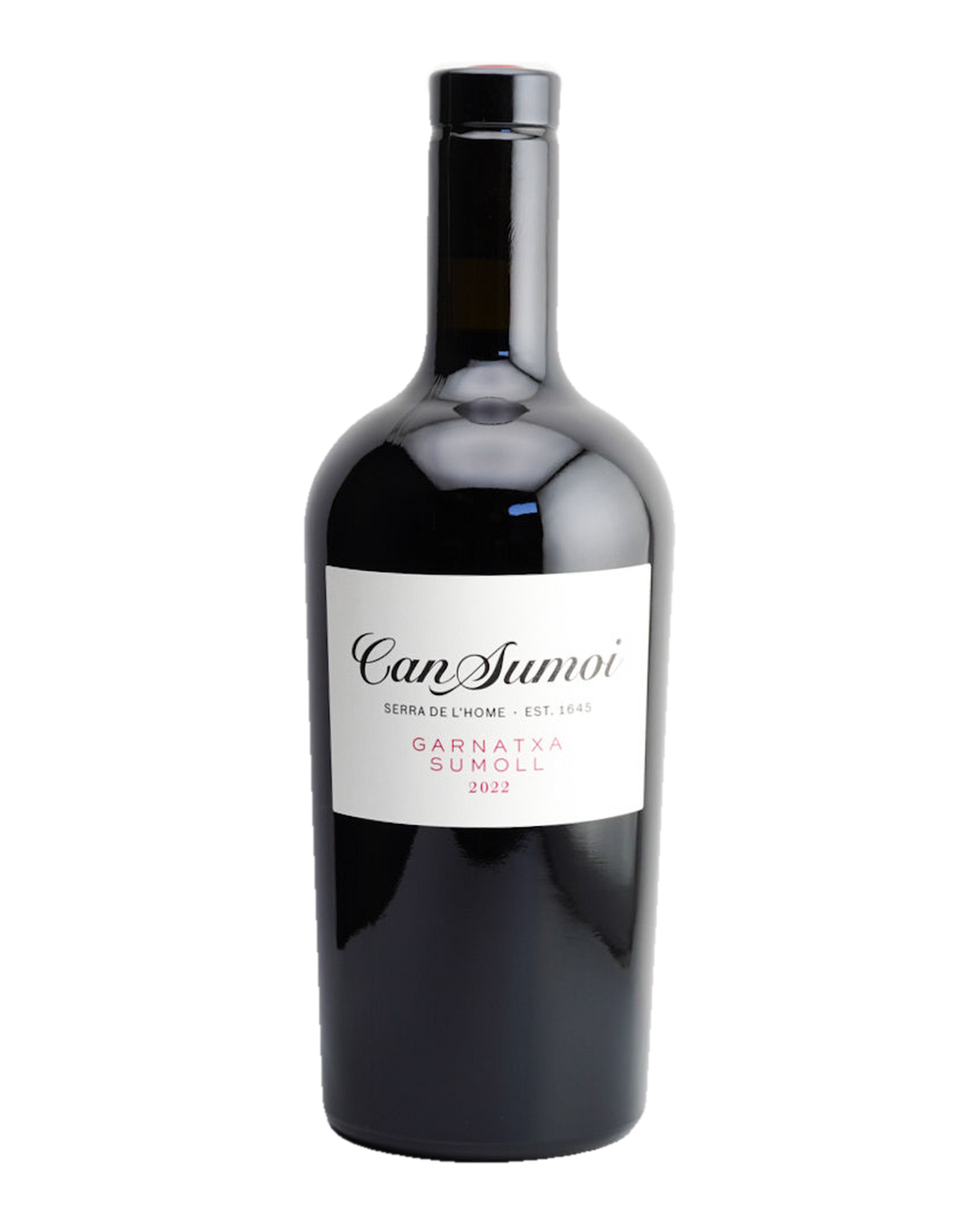 A bottle of Can Sumoi Garnatxa-Sumoll wine from Penedès, Spain, with a white label on a black bottle.