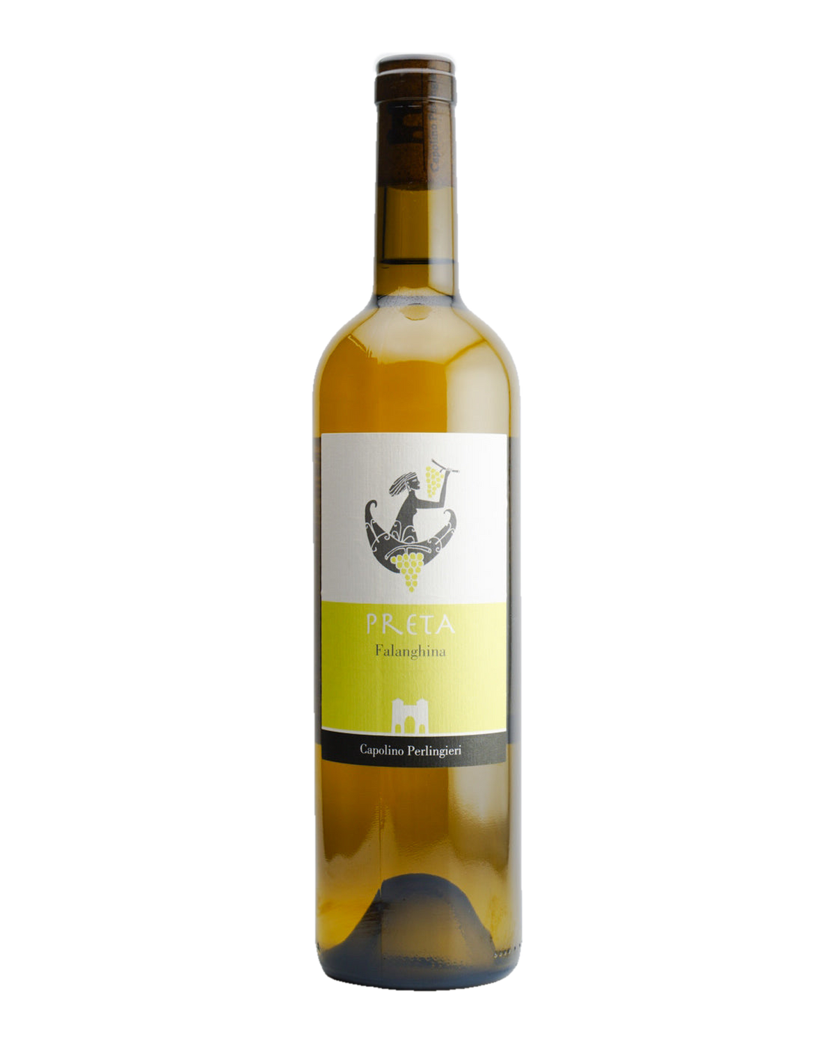 A bottle of 2022 Capolino Perlingieri 'Preta', Falanghina del Sannio DOC wine with a white label featuring a graphic of a rooster.