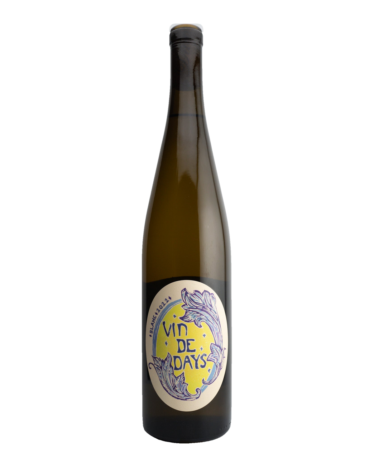 A bottle of 2022 Days Wines 'Vin de Days Blanc' with a label that has purple and yellow design elements, indicating it is an organic wine from the Willamette Valley, Oregon.