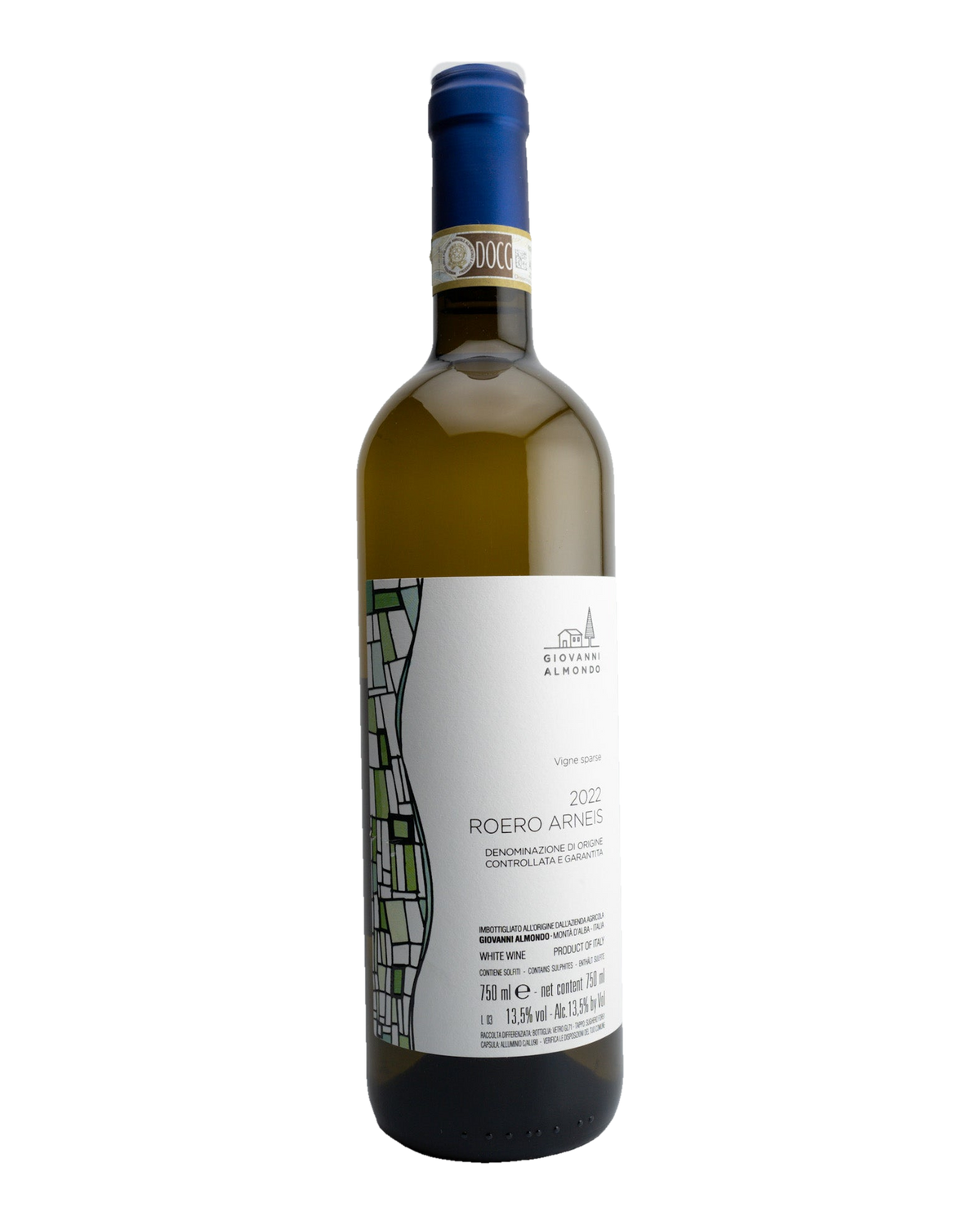 A bottle of 2022 Giovanni Almondo 'Vigne Sparse', Roero Arneis DOCG wine with a label that includes a map of vineyards.