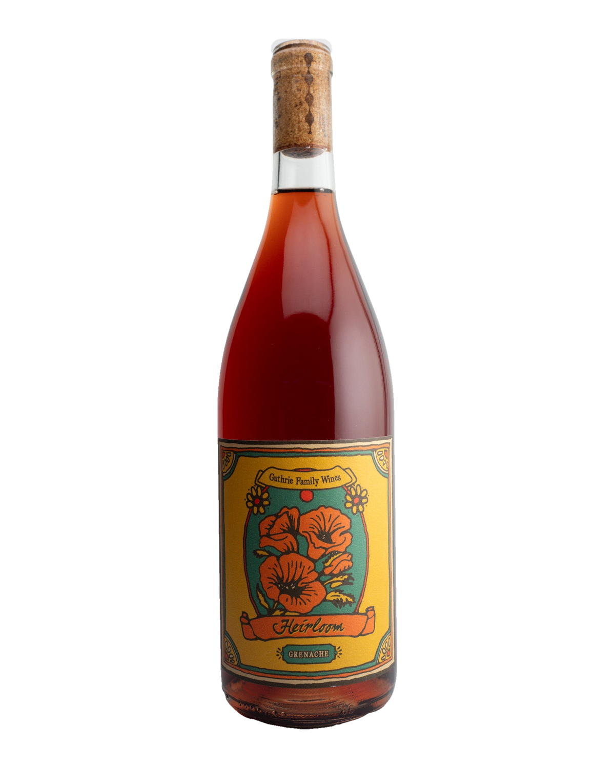 A bottle of 2022 Guthrie Family Wines "Heirloom" Carbonic Grenache with a label featuring floral graphics and text, indicating the variety and vintage.