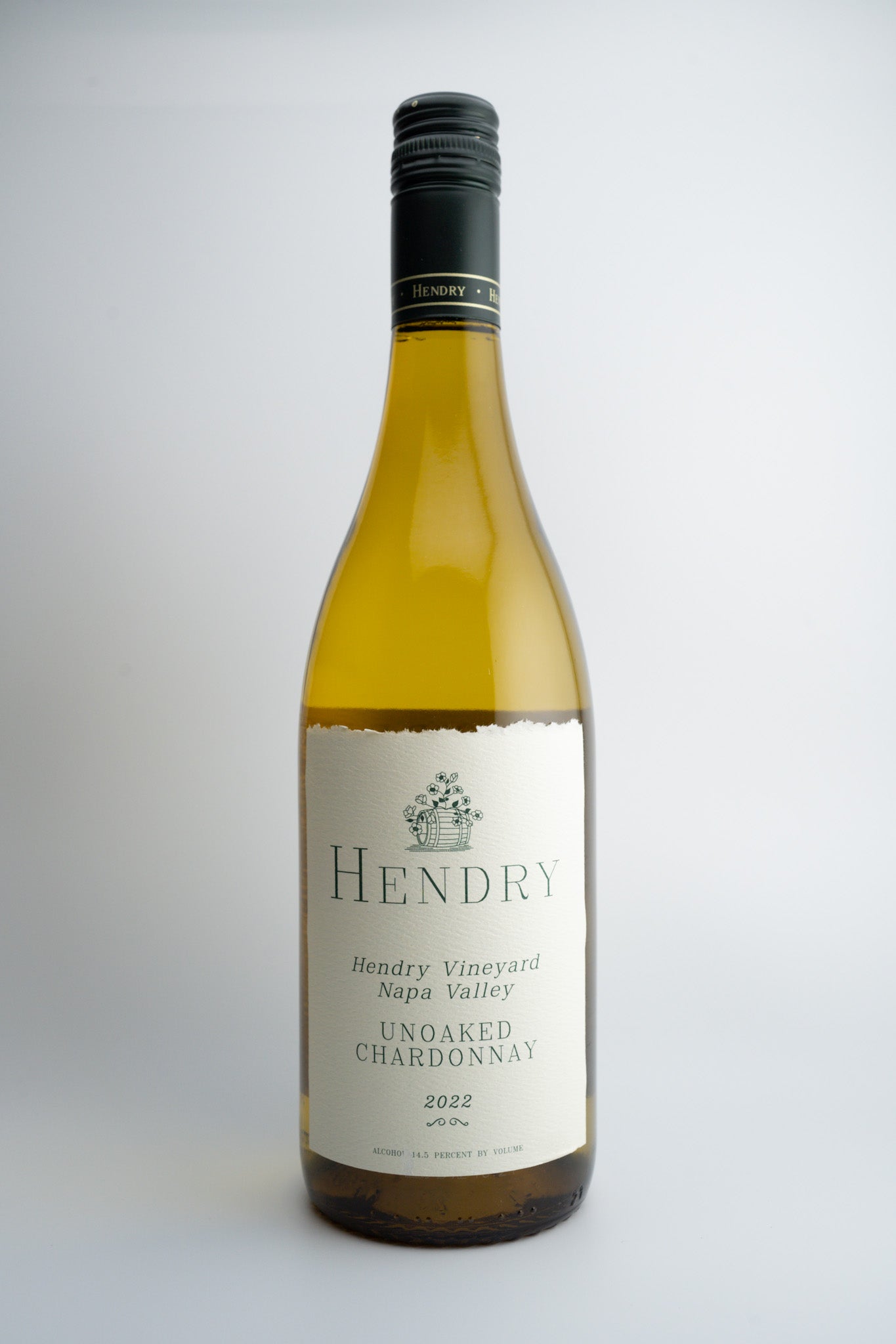 A bottle of 2022 Hendry Ranch Unoaked Chardonnay, Napa Valley with a label showing the brand, variety, and vineyard information.