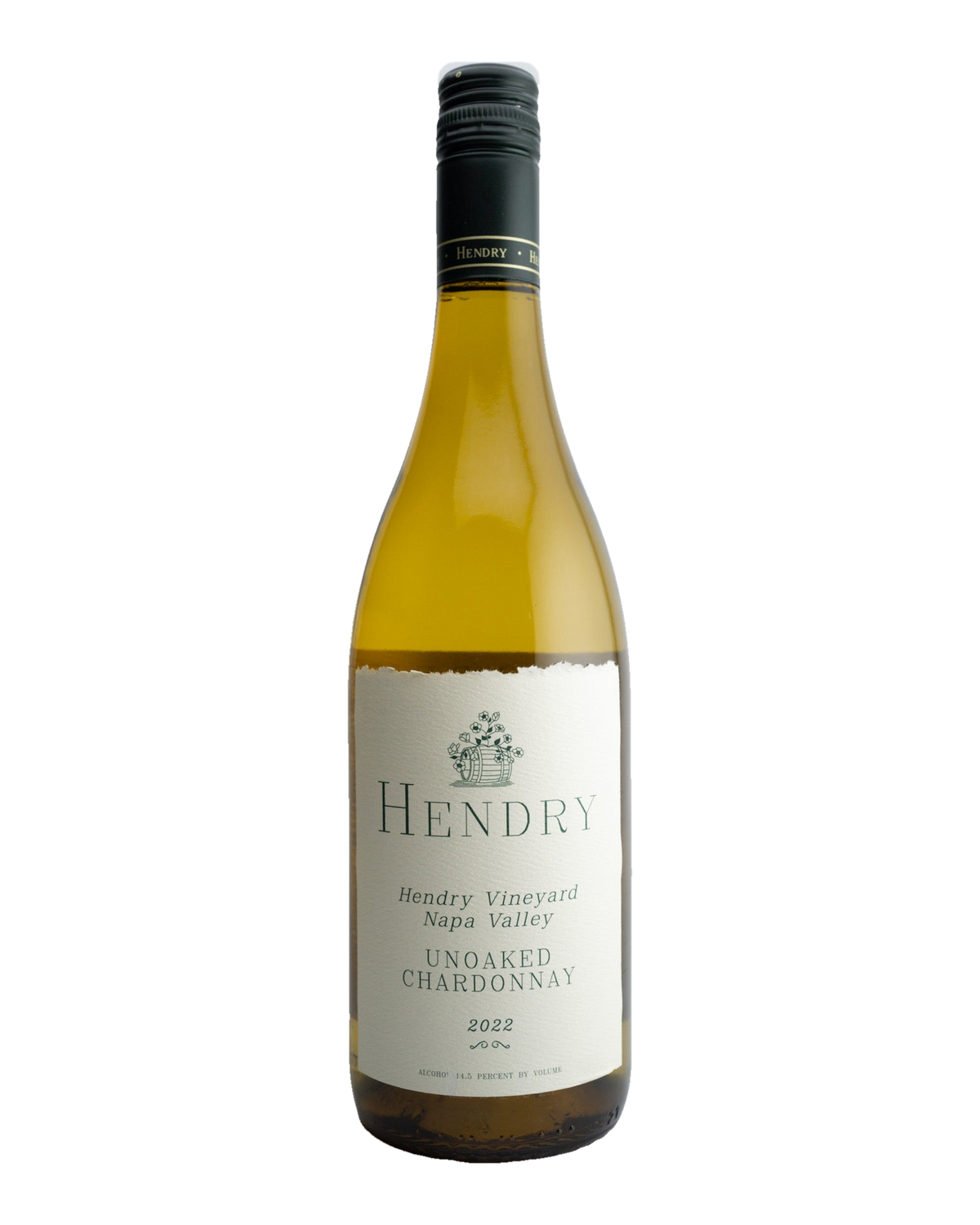 A bottle of 2022 Hendry Ranch Unoaked Chardonnay, Napa Valley with a label showing the brand, variety, and vineyard information.