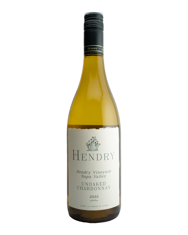 A bottle of 2022 Hendry Ranch Unoaked Chardonnay, Napa Valley with a label showing the brand, variety, and vineyard information.