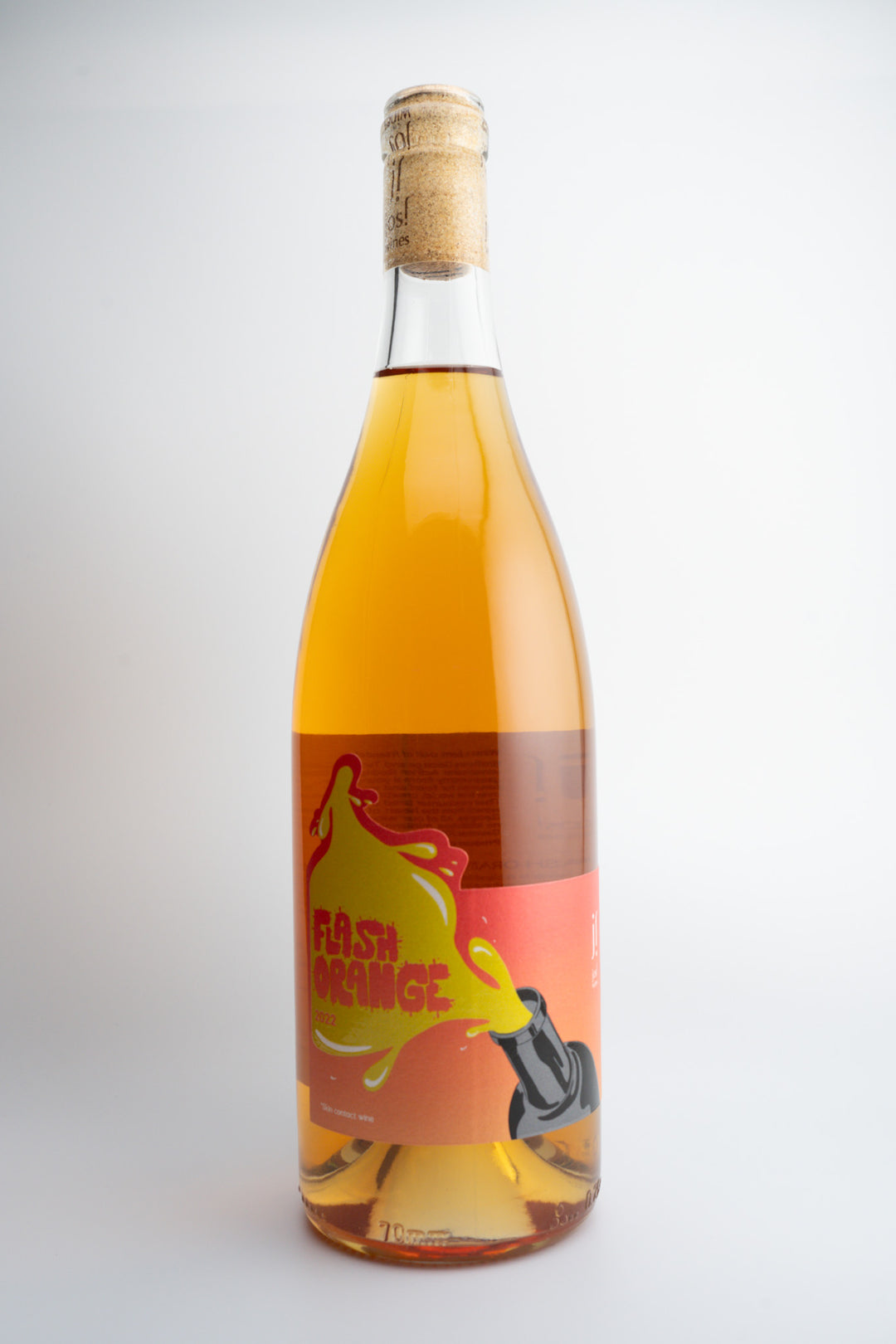 A bottle of 2022 Jos! Wines 'Flash' Orange Wine with a label featuring a peach and text, against a plain background.