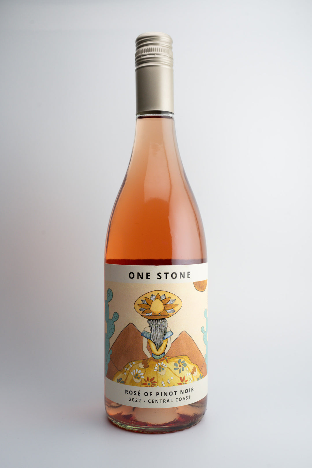 A bottle of 2022 One Stone Rosé wine with a label featuring an illustration of a person standing on a mountain, overlooking a vineyard, against a white background.