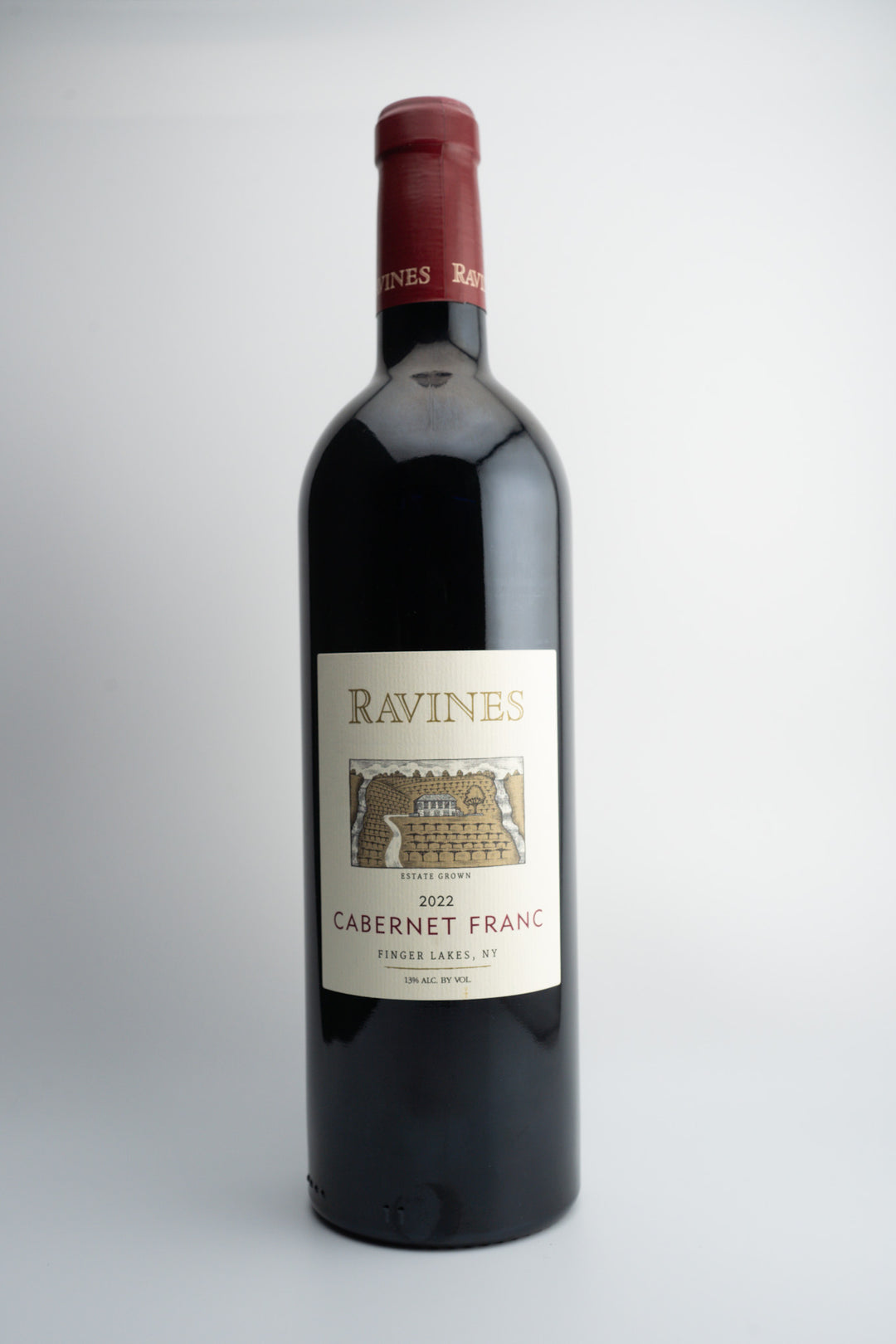 A bottle of 2022 Ravines Cabernet Franc wine from the Finger Lakes region, New York.