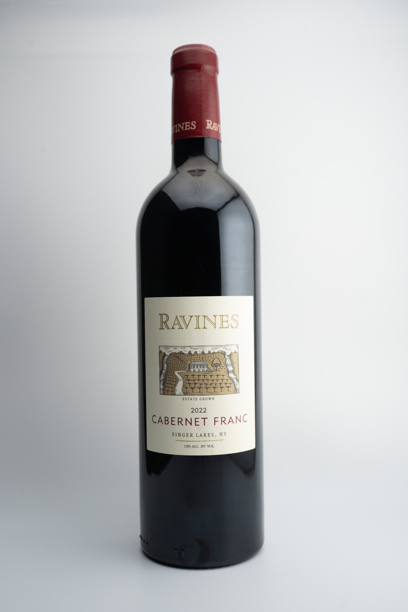 A bottle of 2022 Ravines Cabernet Franc wine from the Finger Lakes region, New York.