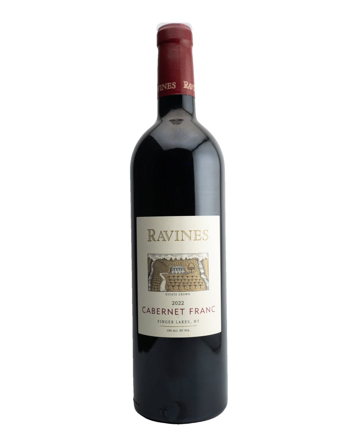A bottle of 2022 Ravines Cabernet Franc wine from the Finger Lakes region, New York.