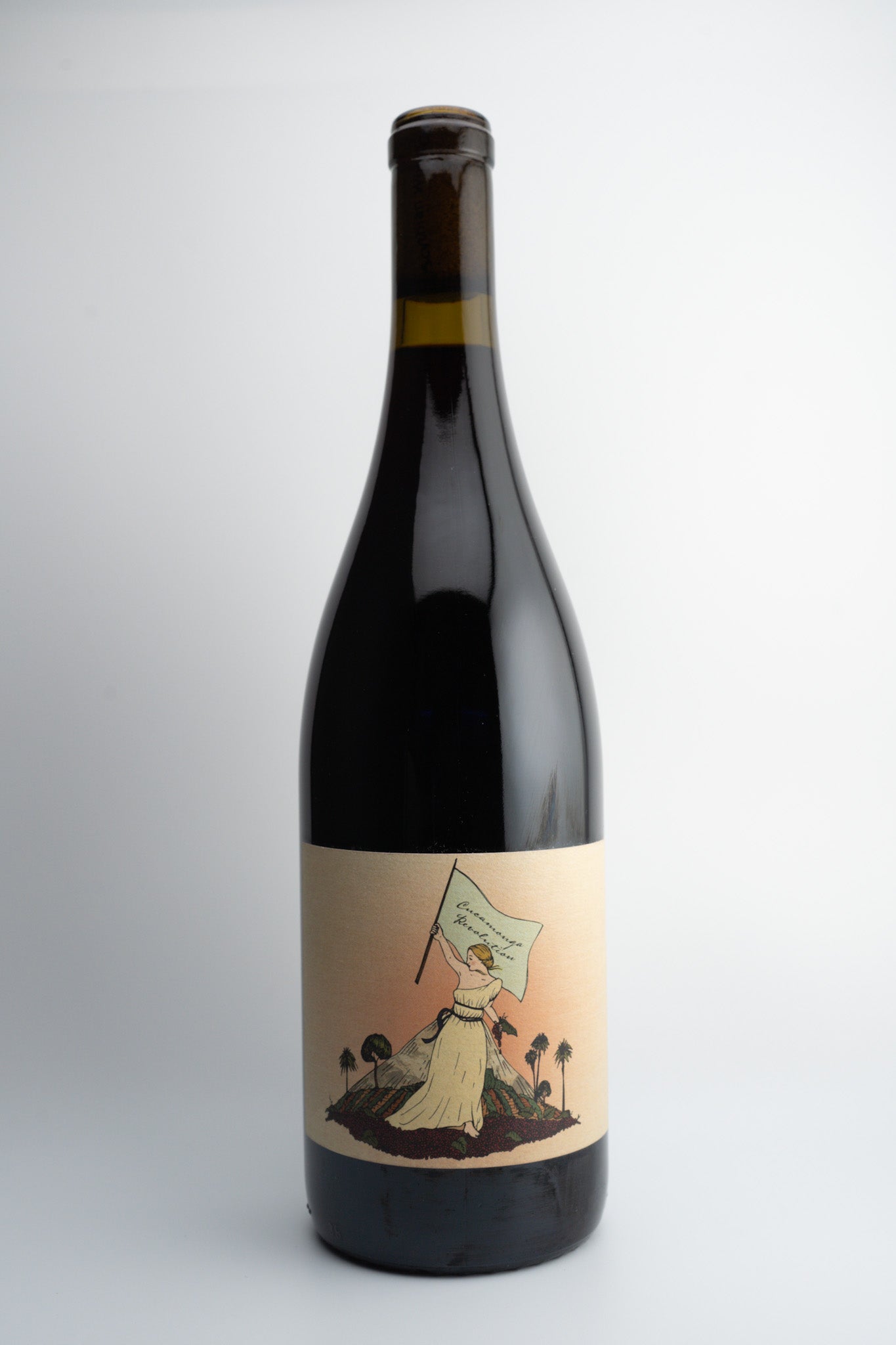 A bottle of 2022 Scythians 'Revolution' wine with a label featuring an illustration of a person under a parachute, indicating the vintage and brand.