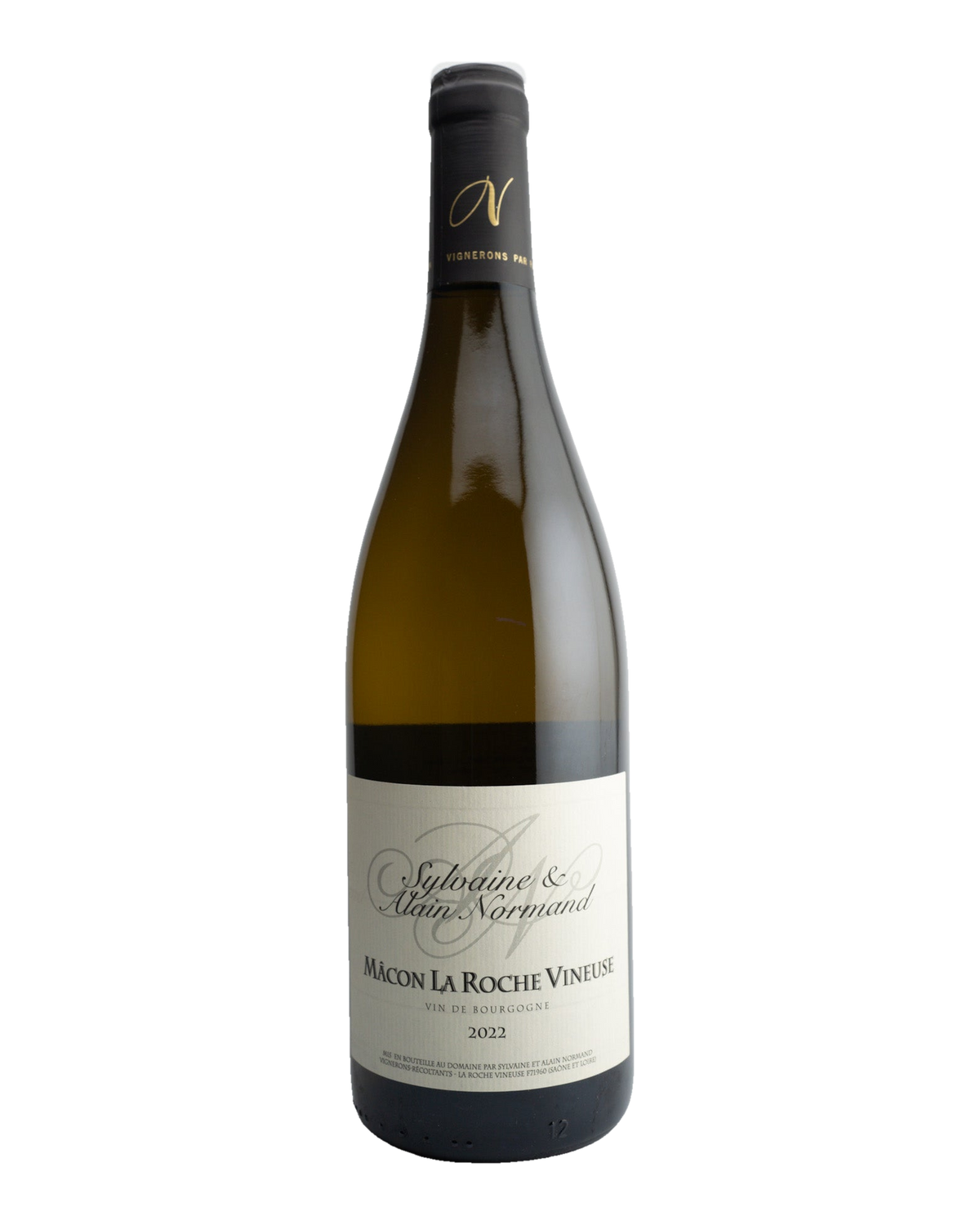 A bottle of 2022 Sylvaine et Alaine Normand La Roche-Vineuse white wine, with a label primarily in white and gray tones, and the text 'MACON AOC, BURGUNDY, FRANCE'.