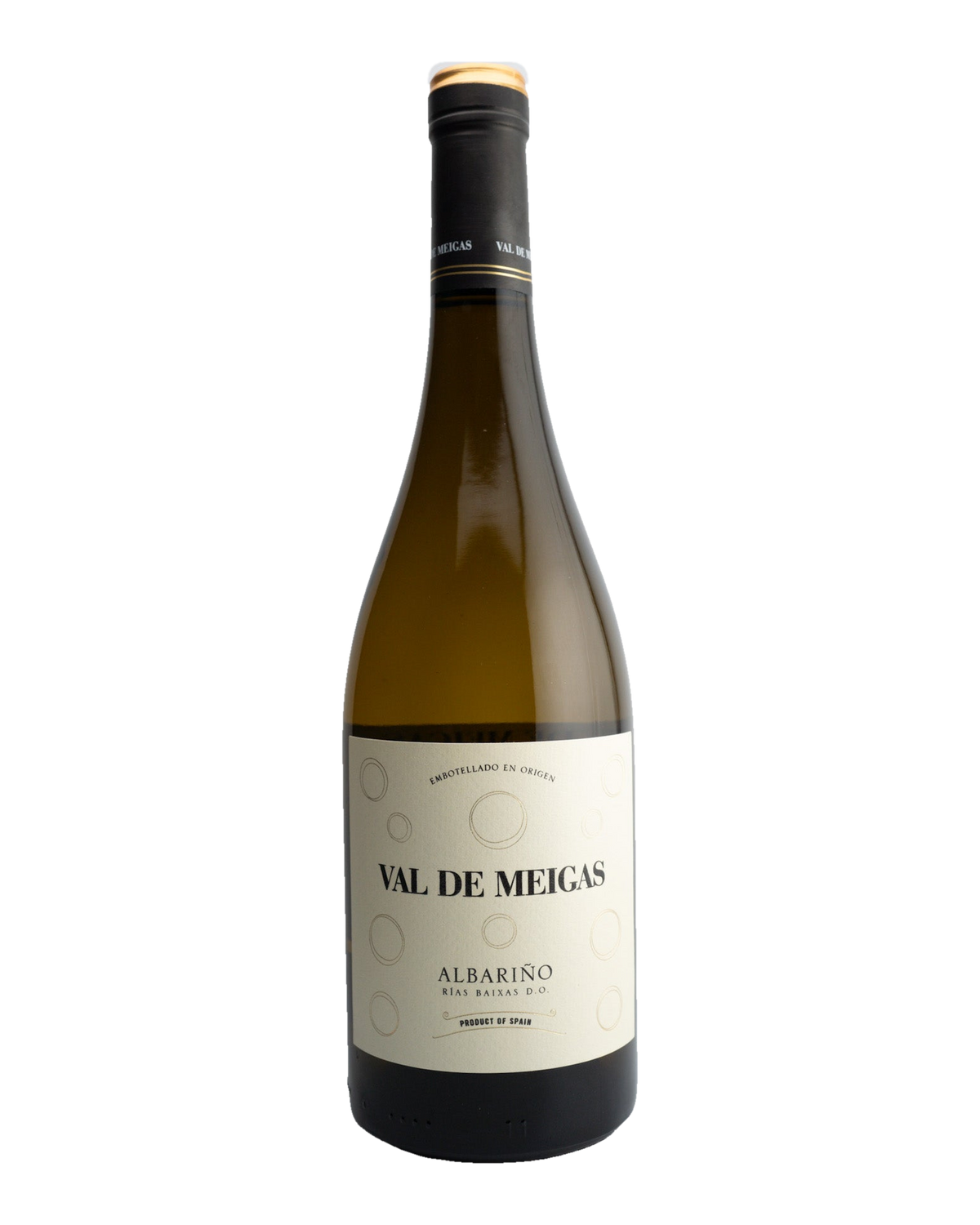 A bottle of 2022 Val de Meigas Albariño white wine from Rías Baixas, Spain.