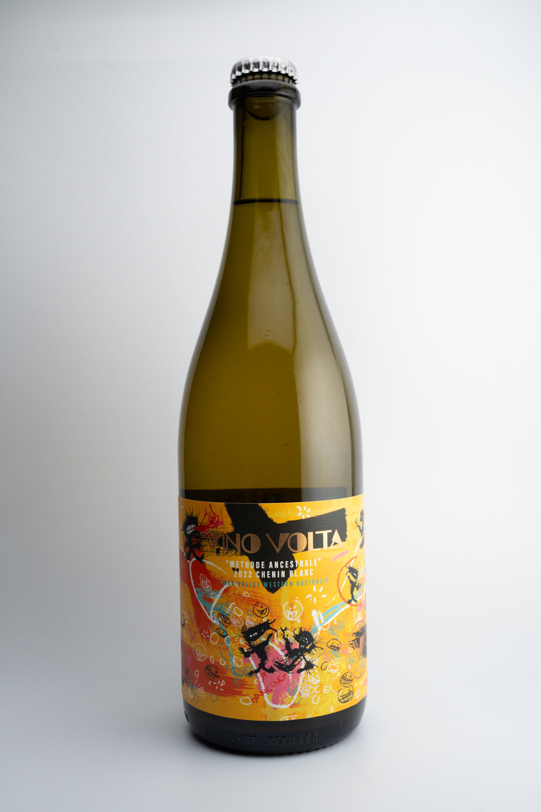 A bottle of 2022 Vino Volta Methode Ancestrale Chenin Blanc with a colorful, decorative label.