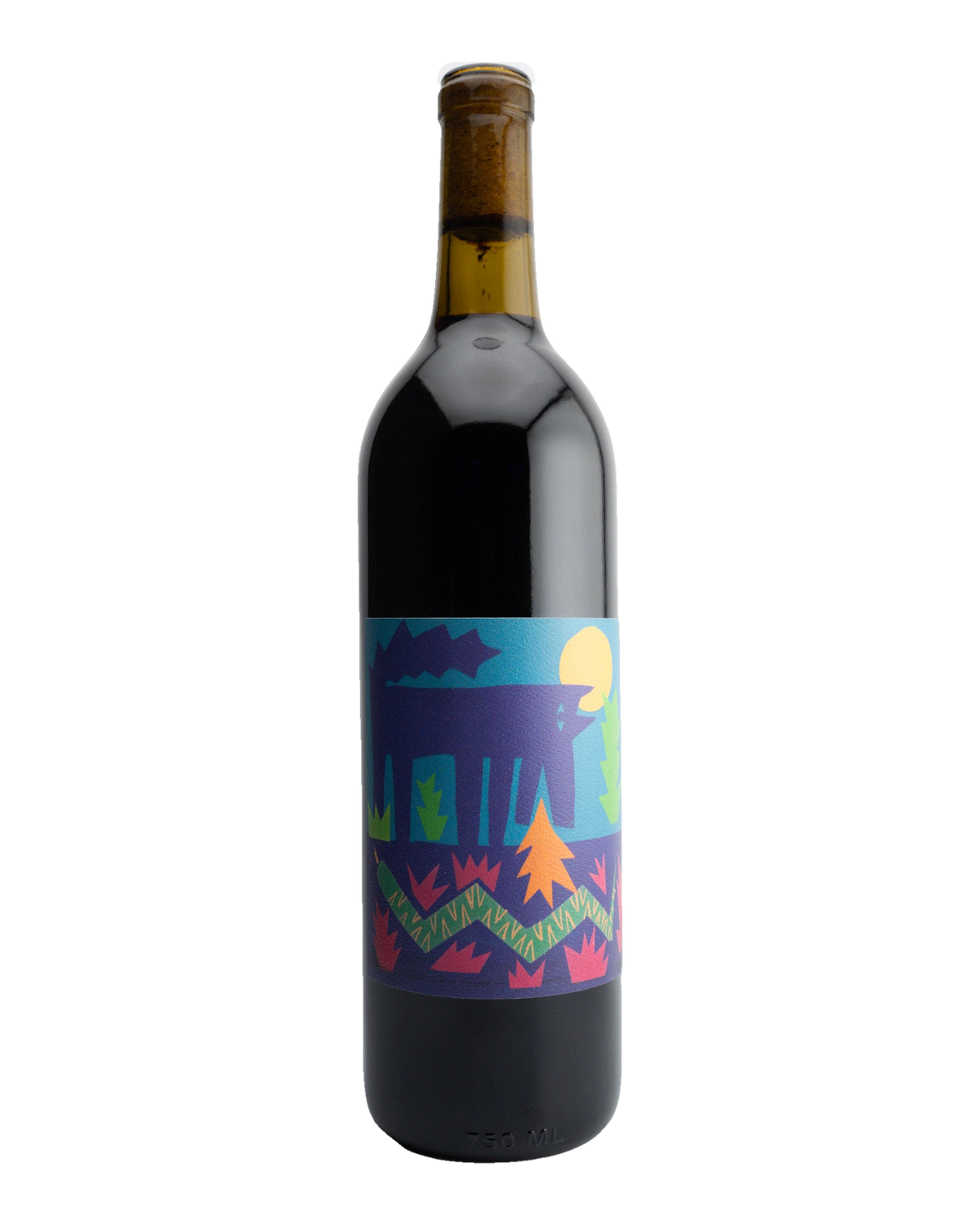 A bottle of 2022 Vinos Pijoan 'El Carbónico' wine with a colorful label featuring a vibrant sunset and pine trees in the background, indicative of the wine's natural and organic qualities.