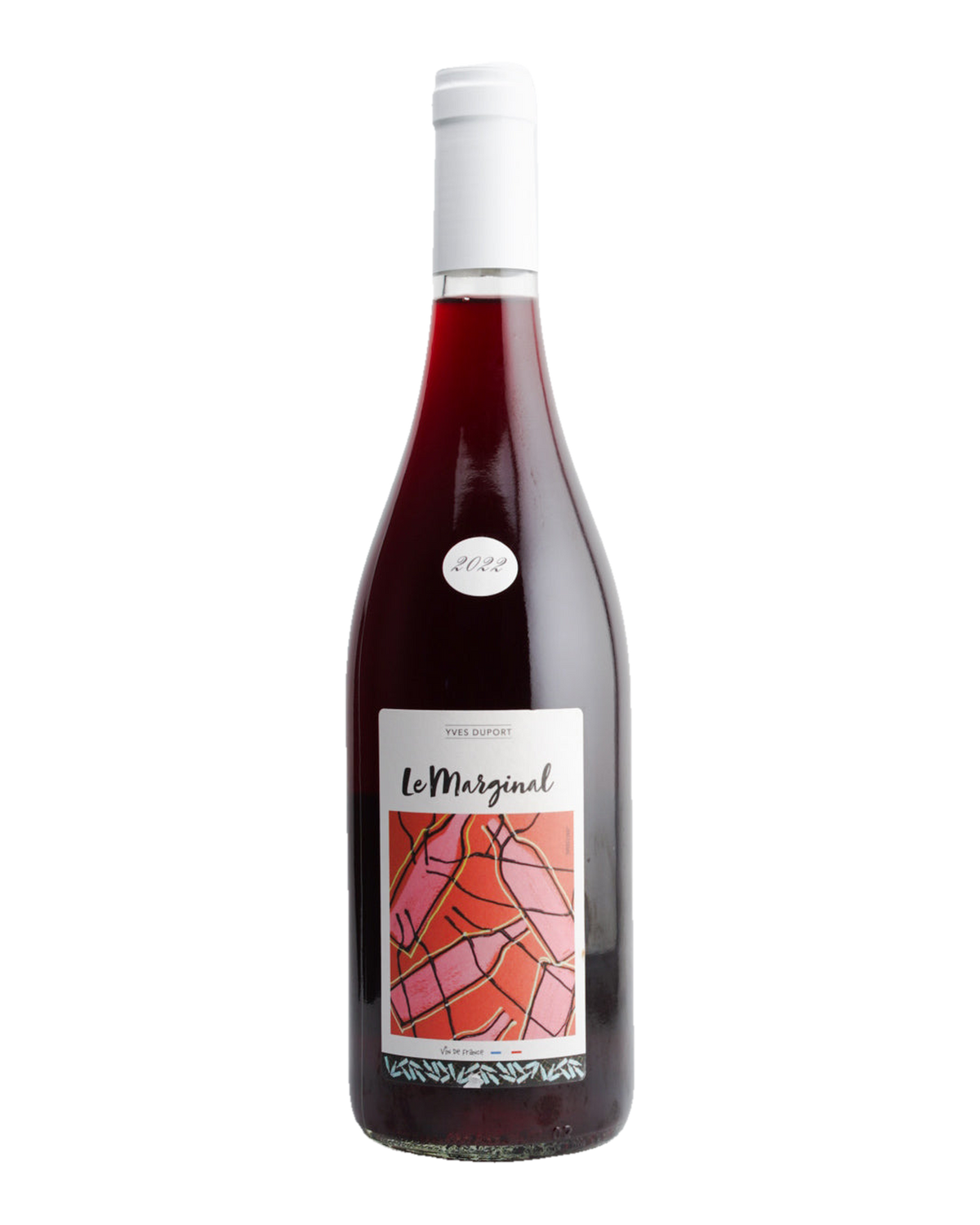 A bottle of 2022 Yves Duport 'Le Marginal', Savoie, Vin de France wine with a label showing a geometric pattern in red and orange tones.