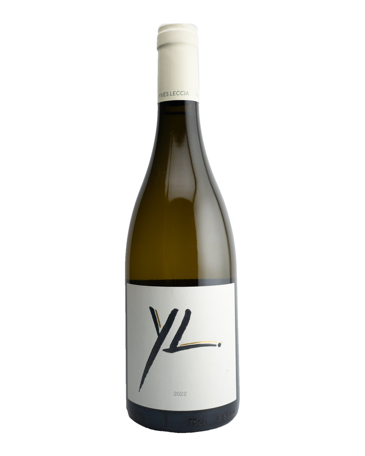 Bottle of 2022 Yves Leccia 'YL' Ile de Beaête Blanc white wine with a plain label and a cap on top.