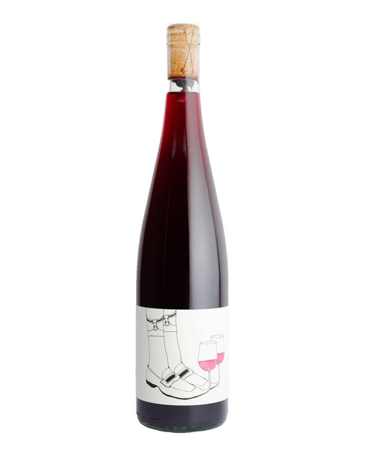 A bottle of 2023 Las Jaras 'Slipper Sipper' Nouveau wine with a label featuring a drawing of a slipper and a wine glass.