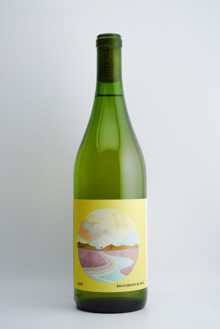 A bottle of 2023 Outward Wines Presqu'ile Vineyard Sauvignon Blanc with a label depicting a landscape,Santa Barbara, California.