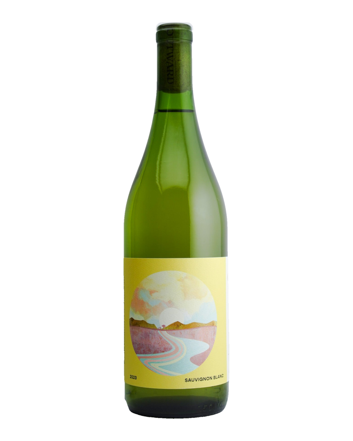 A bottle of 2023 Outward Wines Presqu'ile Vineyard Sauvignon Blanc with a label depicting a landscape,Santa Barbara, California.