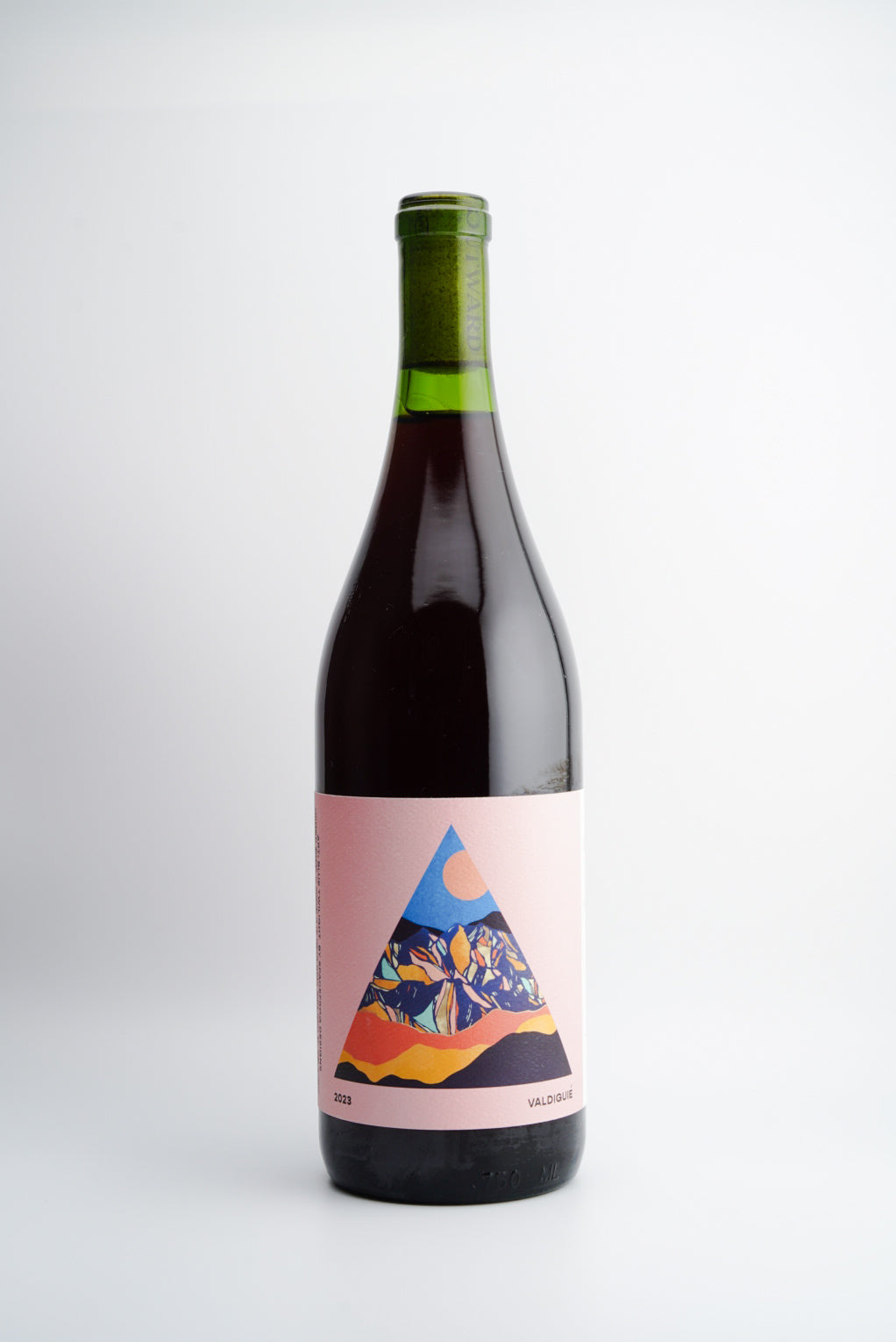 A bottle of 2023 Outward Wines Shell Creek Vineyard Valdiguié with a label depicting a colorful abstract mountain scene.