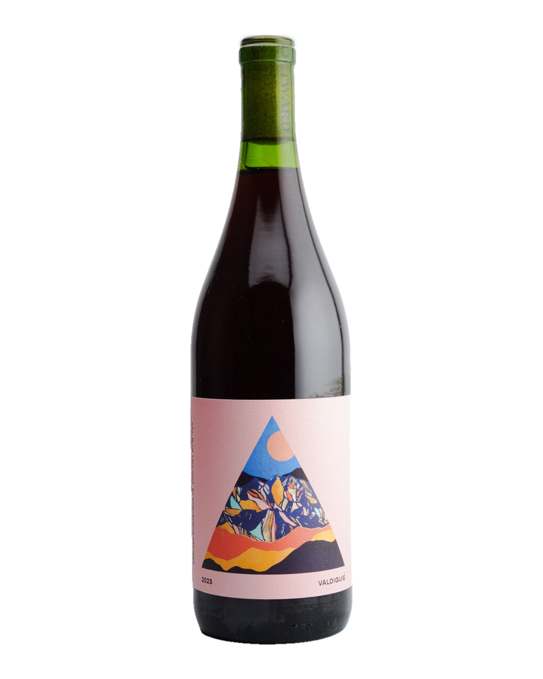 A bottle of 2023 Outward Wines Shell Creek Vineyard Valdiguié with a label depicting a colorful abstract mountain scene.