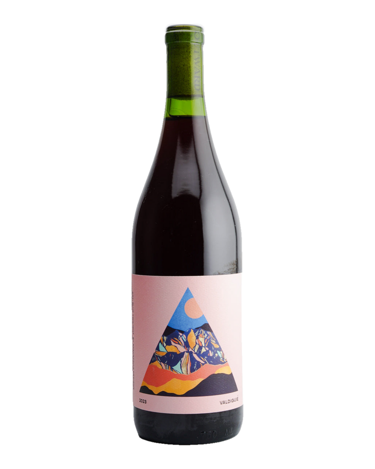 A bottle of 2023 Outward Wines Shell Creek Vineyard Valdiguié with a label depicting a colorful abstract mountain scene.