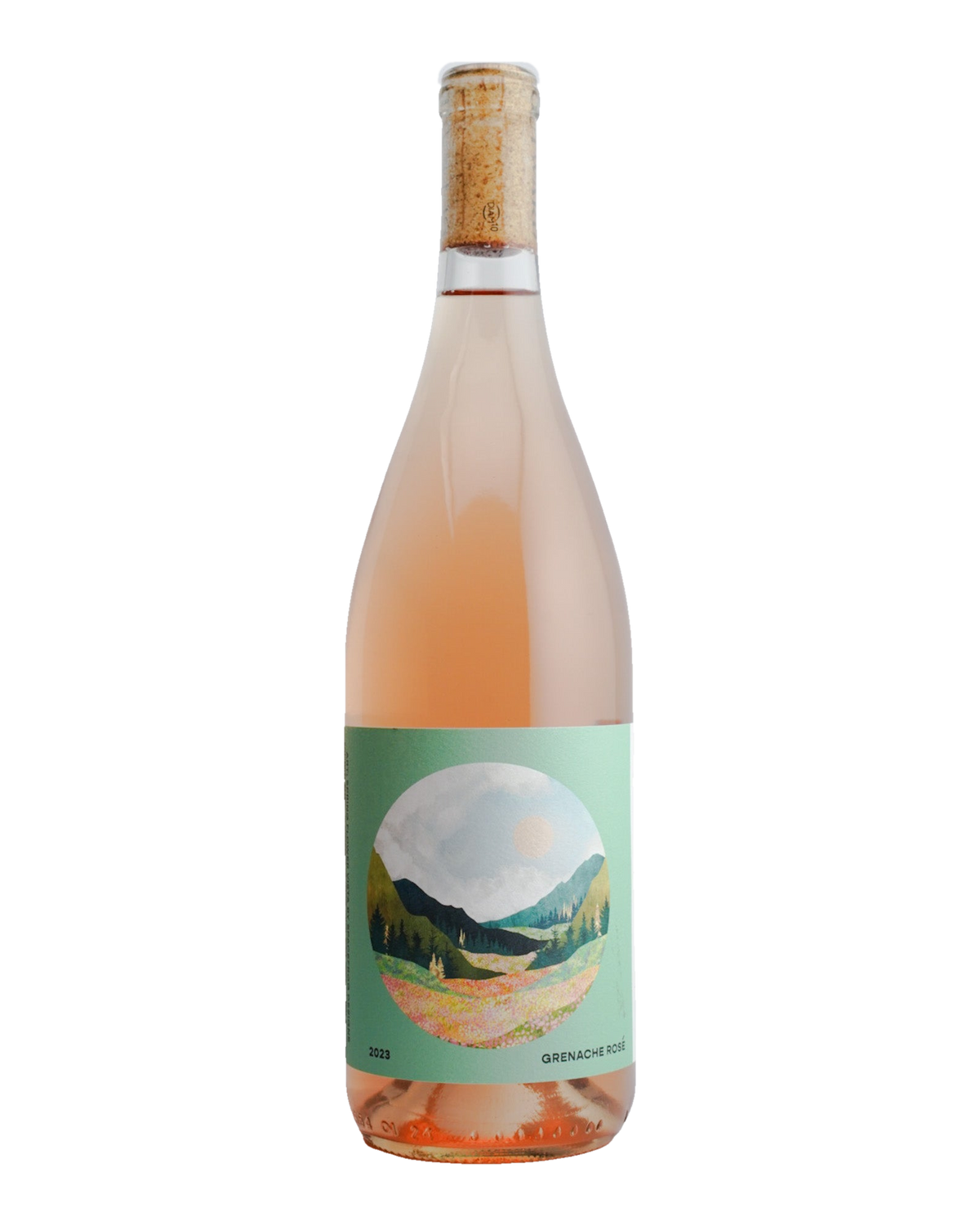 A bottle of 2023 Outward Wines Two Wolves Vineyard Rosé of Grenache with a label depicting a landscape,Santa Barbara, California.