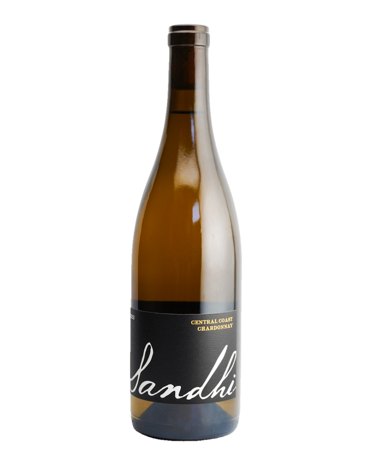 A bottle of Sandhi Chardonnay wine with a white label.