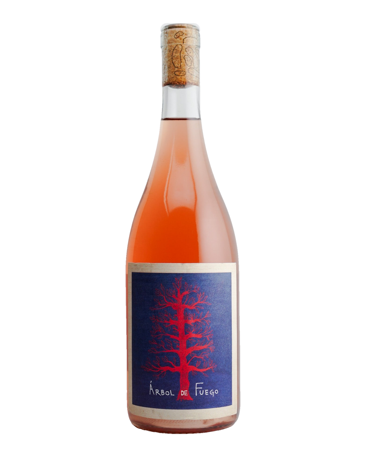 A bottle of 2023 Vinos Pijoan 'Arbol de Fuego', Valle de Guadalupe, Mexico wine with a pink label showcasing a tree.