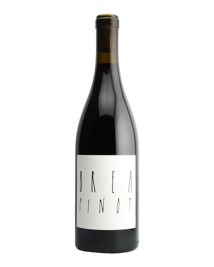 A bottle of BREA Wine Co. Pinot Noir with a label that includes the wine variety and &