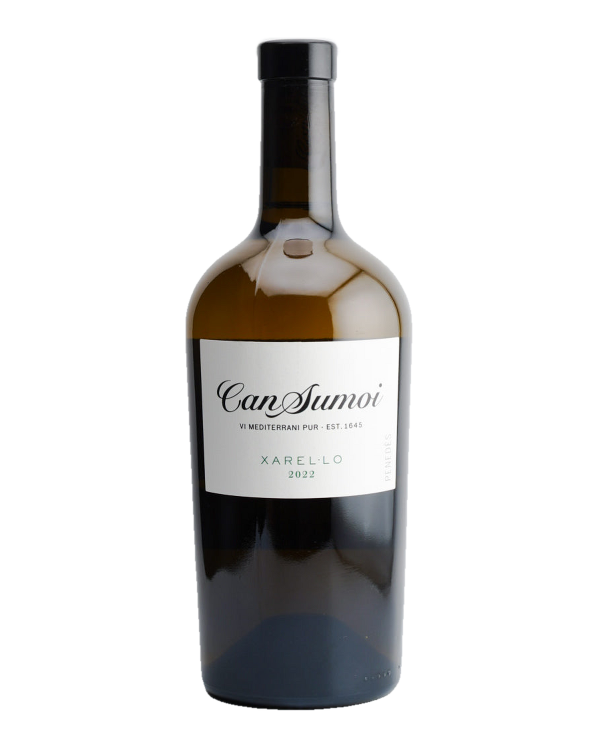 A bottle of 2022 Can Sumoi Xarel-lo wine with a label primarily in white and green colors, indicating the variety and region of production.