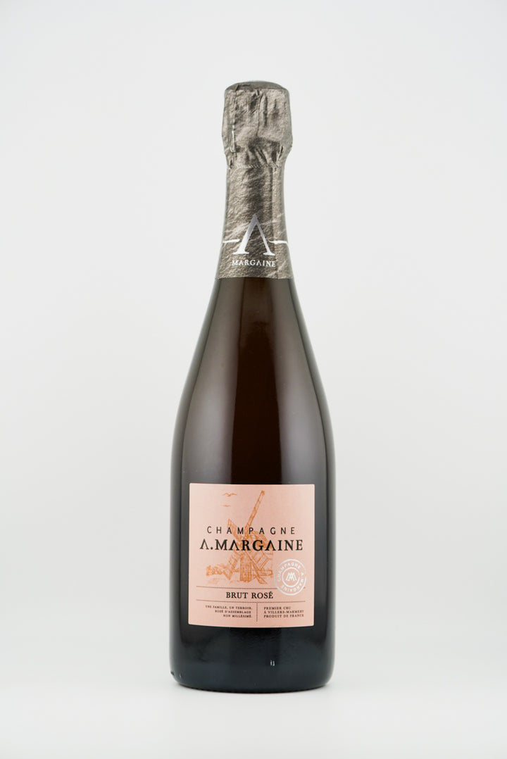 Bottle of A. Margaine Brut Rose champagne on a white background