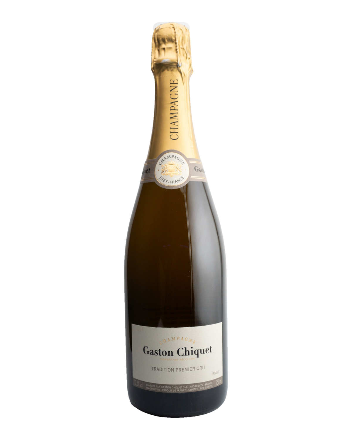 A bottle of Champagne Gaston Chiquet Premier Cru 'Tradition' Brut NV with a golden foil cover on top and a label that includes the brand and vintage information.