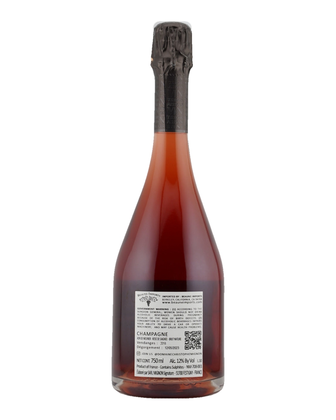 Bottle of Christophe Mignon Brut Nature Rosé de Saignée Champagne NV