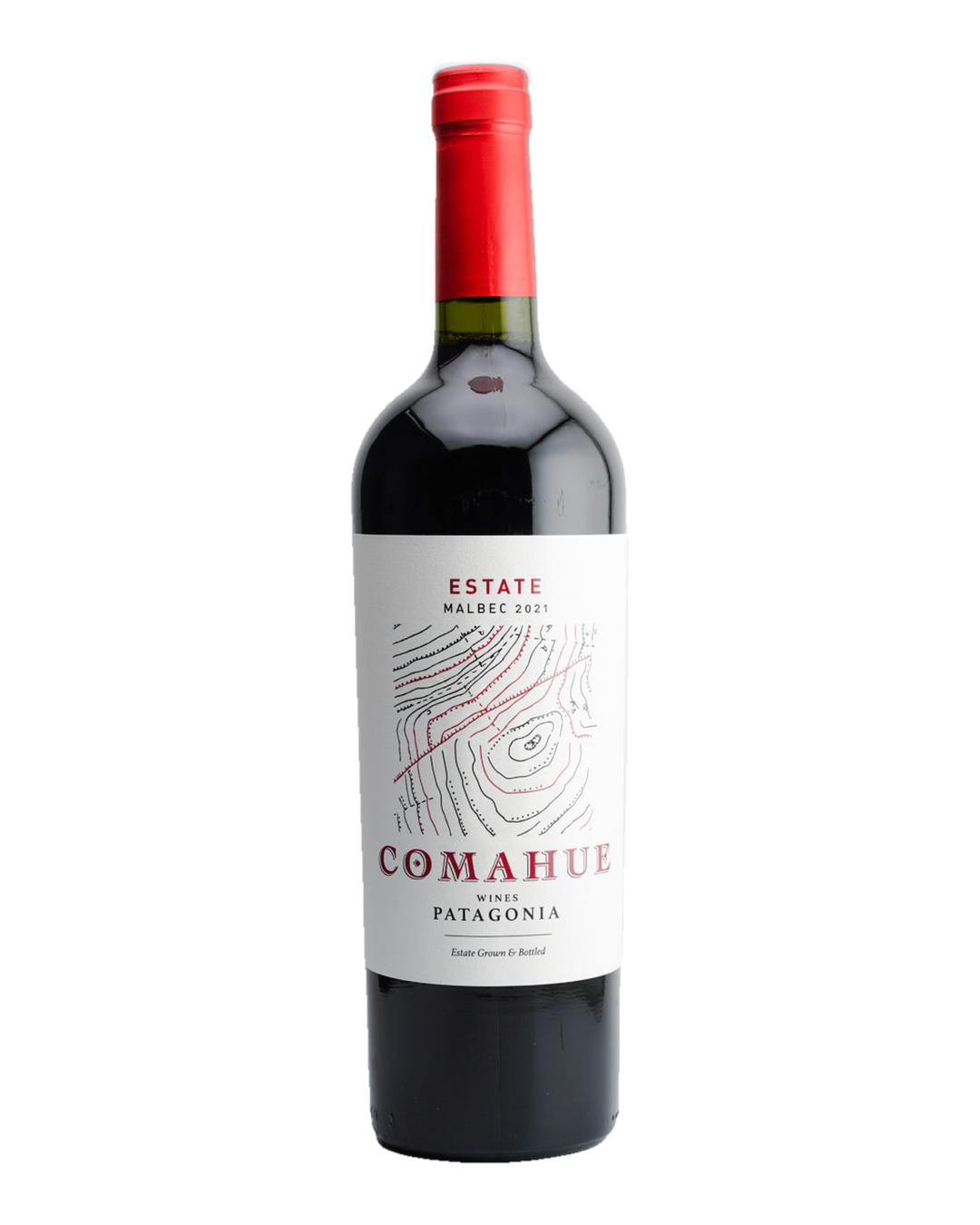 A bottle of 2021 Comahue Estate Malbec wine from Patagonia, Argentina, with a red cap and a label featuring the name 'Comahue' and the region 'Patagonia, Argentina'.