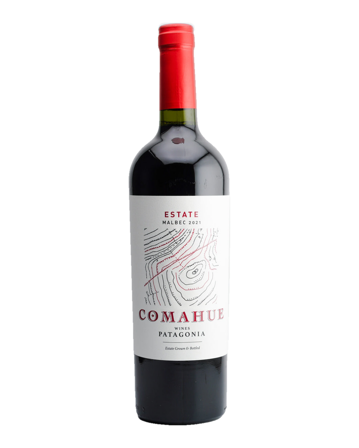 A bottle of 2021 Comahue Estate Malbec wine from Patagonia, Argentina, with a red cap and a label featuring the name 'Comahue' and the region 'Patagonia, Argentina'.