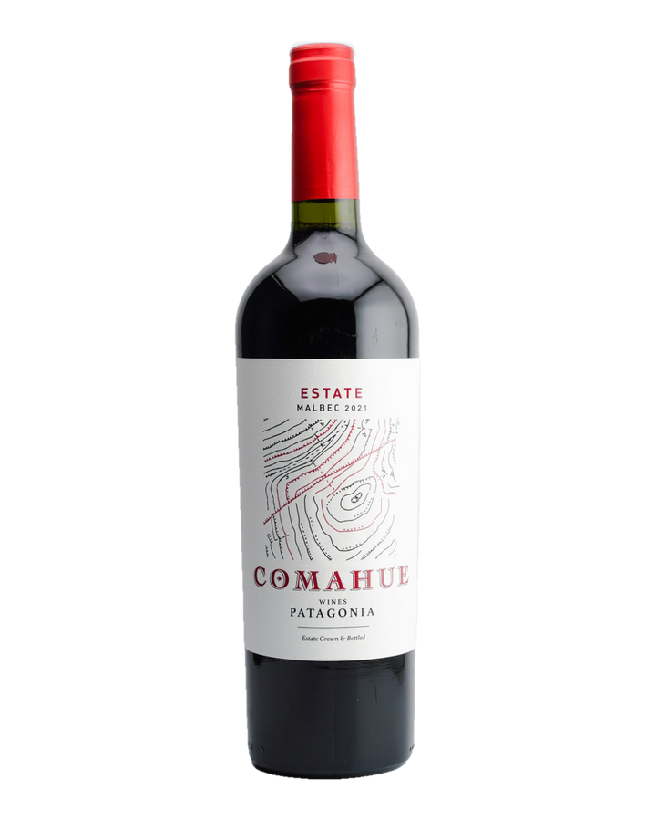 A bottle of 2021 Comahue Estate Malbec wine from Patagonia, Argentina, with a red cap and a label featuring the name &