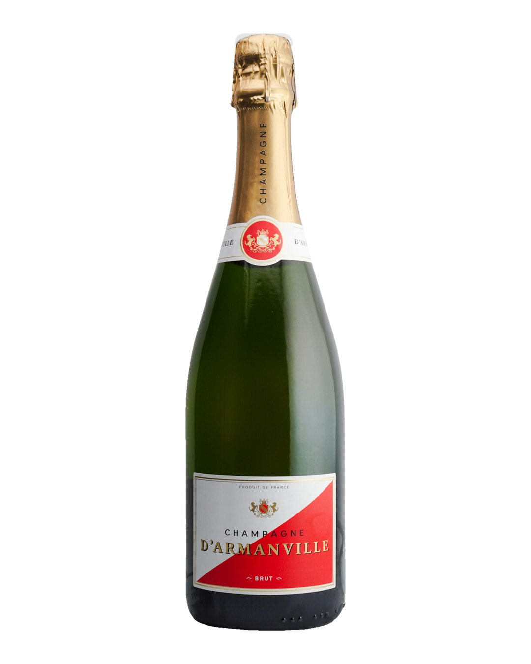 A bottle of D'Armanville Brut Champagne NV with a gold foil top and a label that includes the name of the brand and the word 'Brut'.