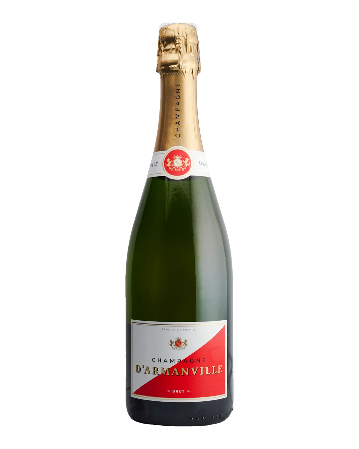 A bottle of D'Armanville Brut Champagne NV with a gold foil top and a label that includes the name of the brand and the word 'Brut'.