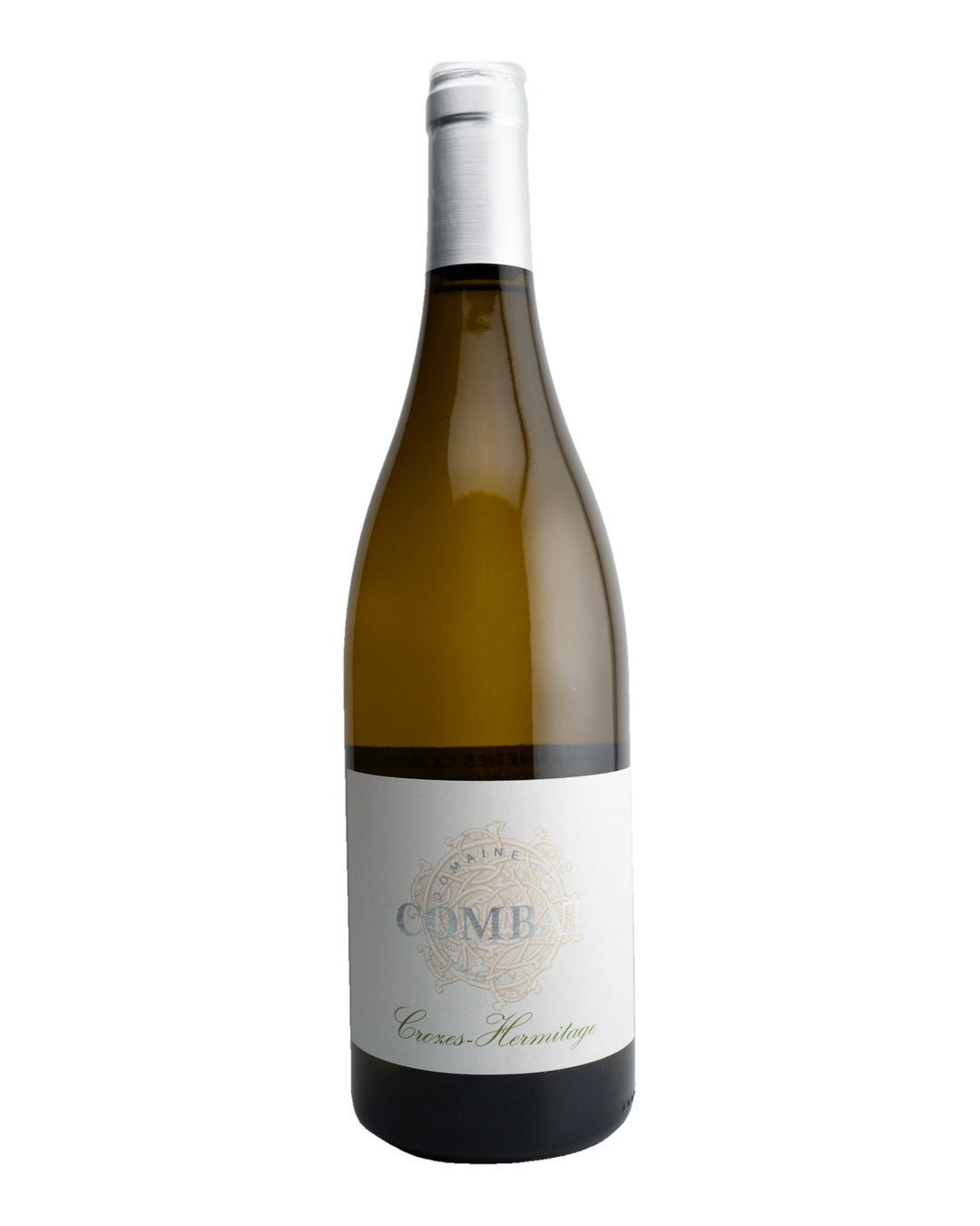 A bottle of Domaine des Combat Crozes-Hermitage Blanc wine with a white label, from the Northern Rhône Valley, France.