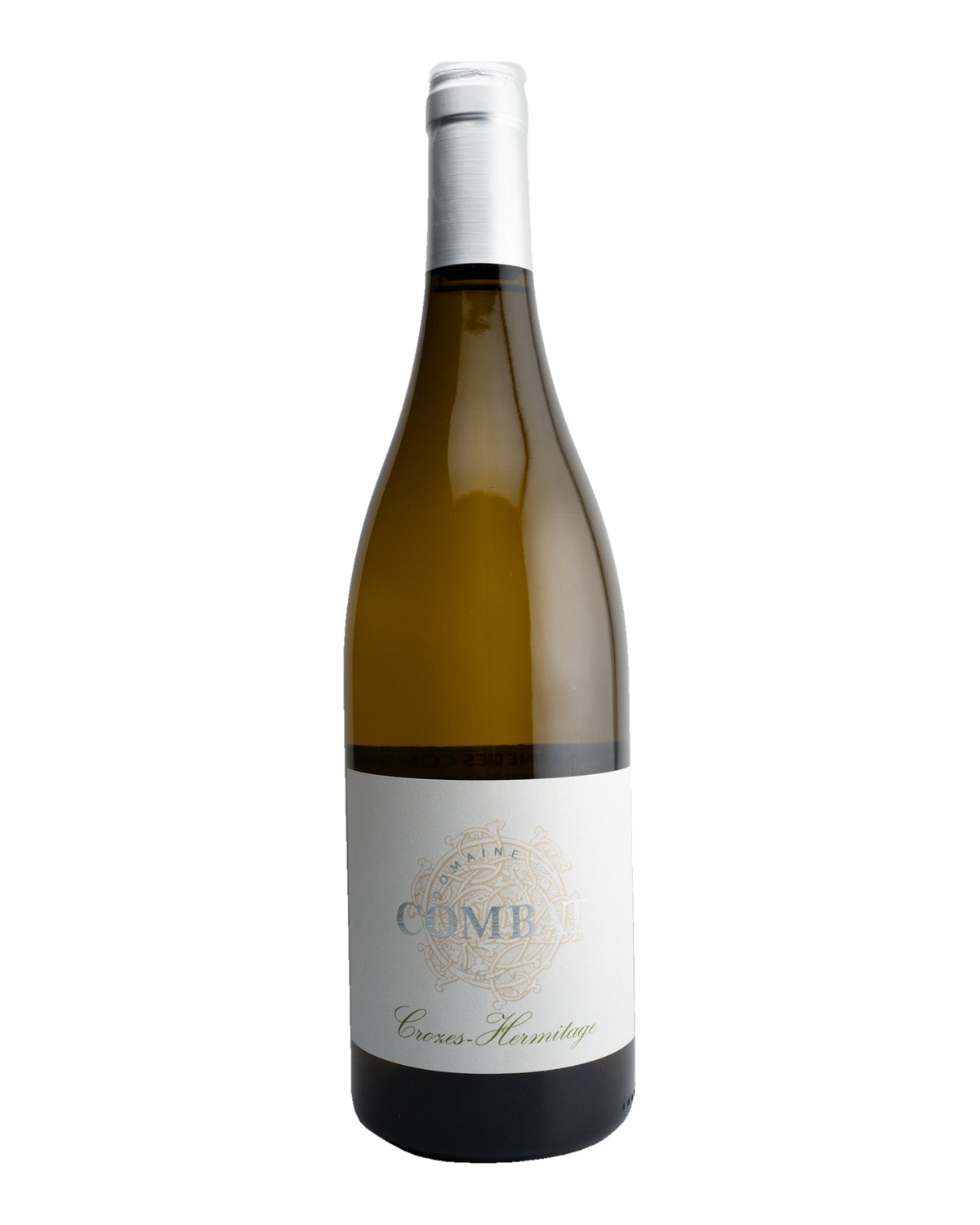A bottle of Domaine des Combat Crozes-Hermitage Blanc wine with a white label, from the Northern Rhône Valley, France.