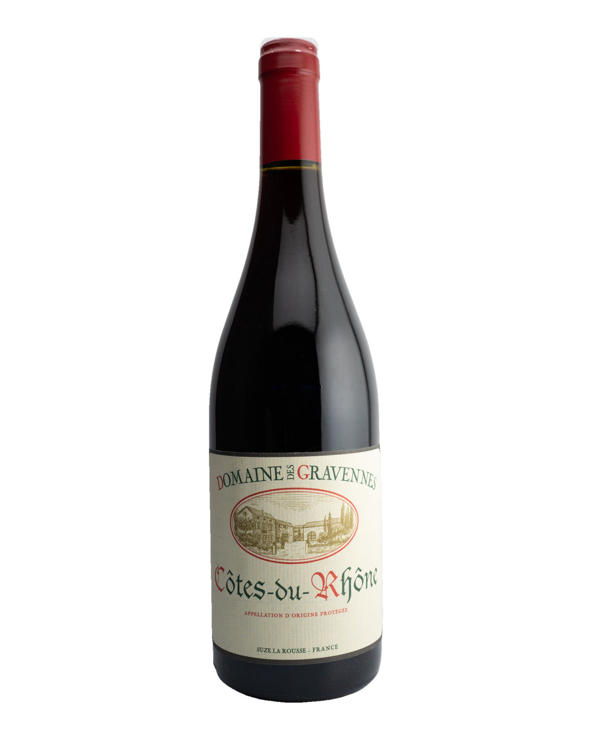 A bottle of Domaine des Gravennes Côtes du Rhône wine with a red cap, labeled with the brand and product name.