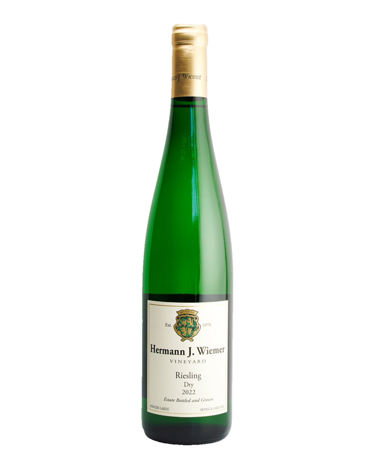 A bottle of Hermann J. Wiemer Dry Riesling wine with a label indicating it is from Seneca Lake AVA, Finger Lakes, New York.