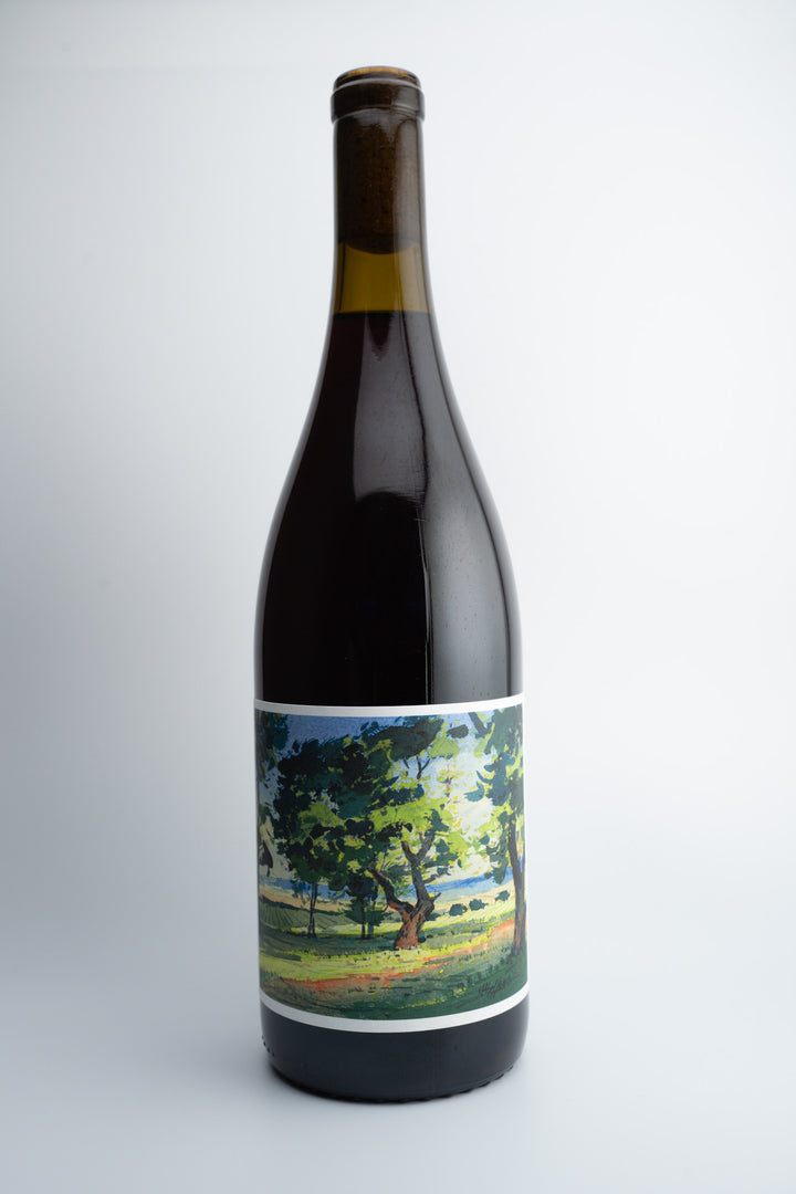 A bottle of Johan Vineyards Estate Pinot Noir with a label depicting a tree and some foliage, set against a plain background.