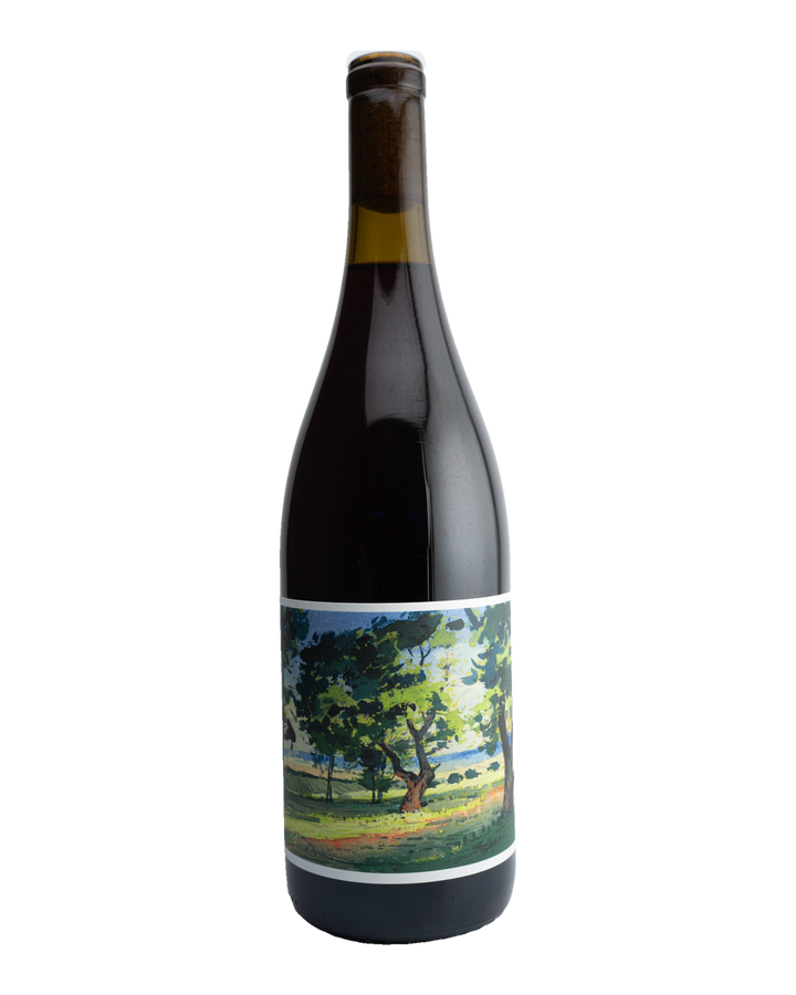 A bottle of Johan Vineyards Estate Pinot Noir with a label depicting a tree and some foliage.