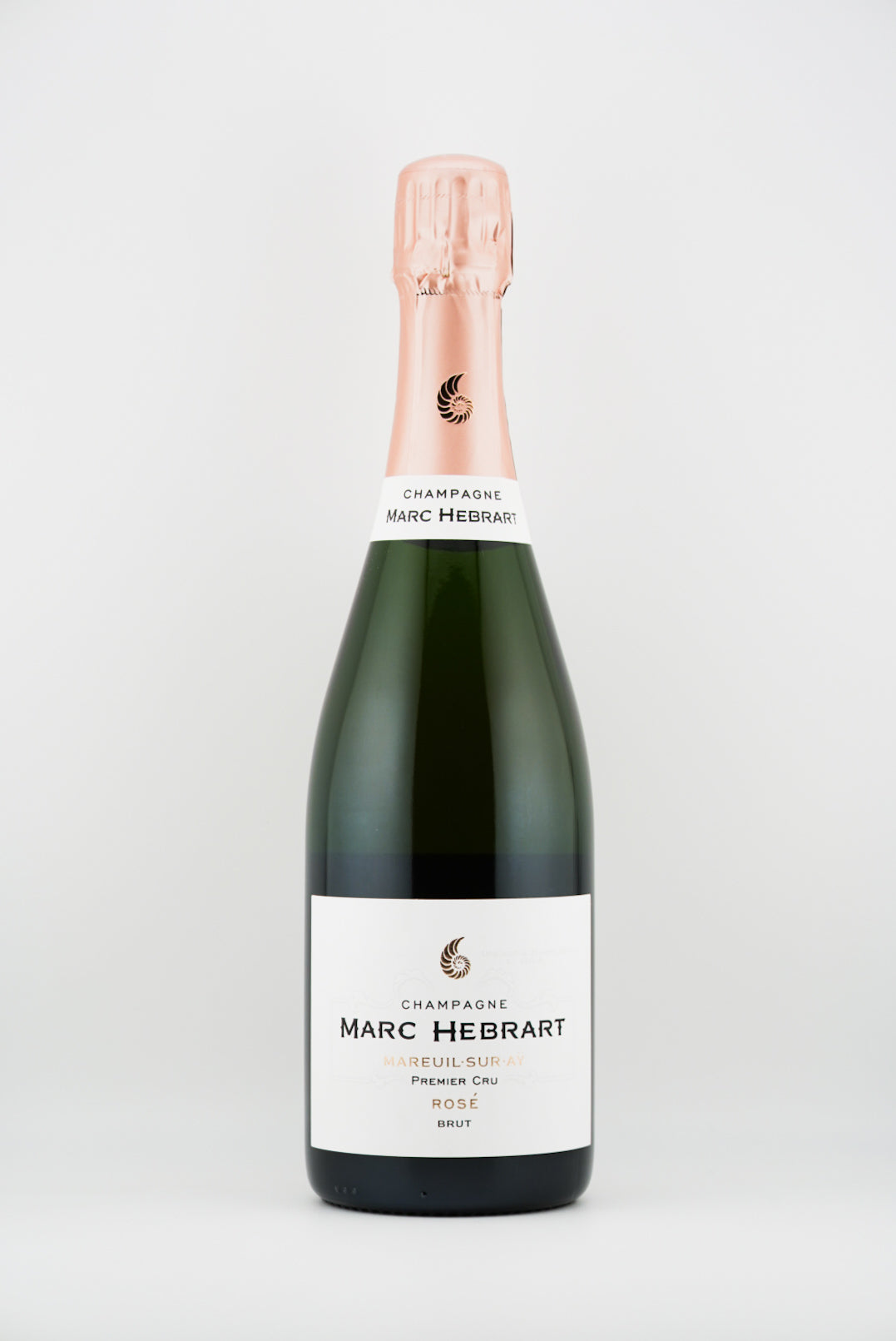 Bottle of Marc Hebrart champagne on a white background