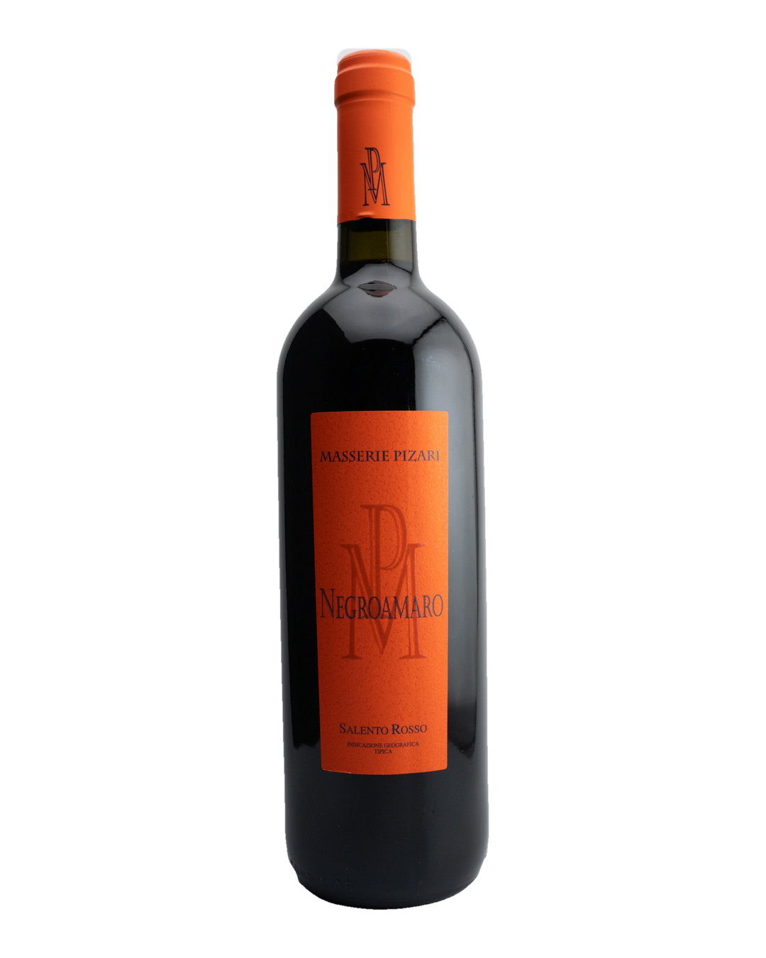 A bottle of Masserie Pizari Negroamaro wine with an orange label, indicating the grape variety and Italian origin.